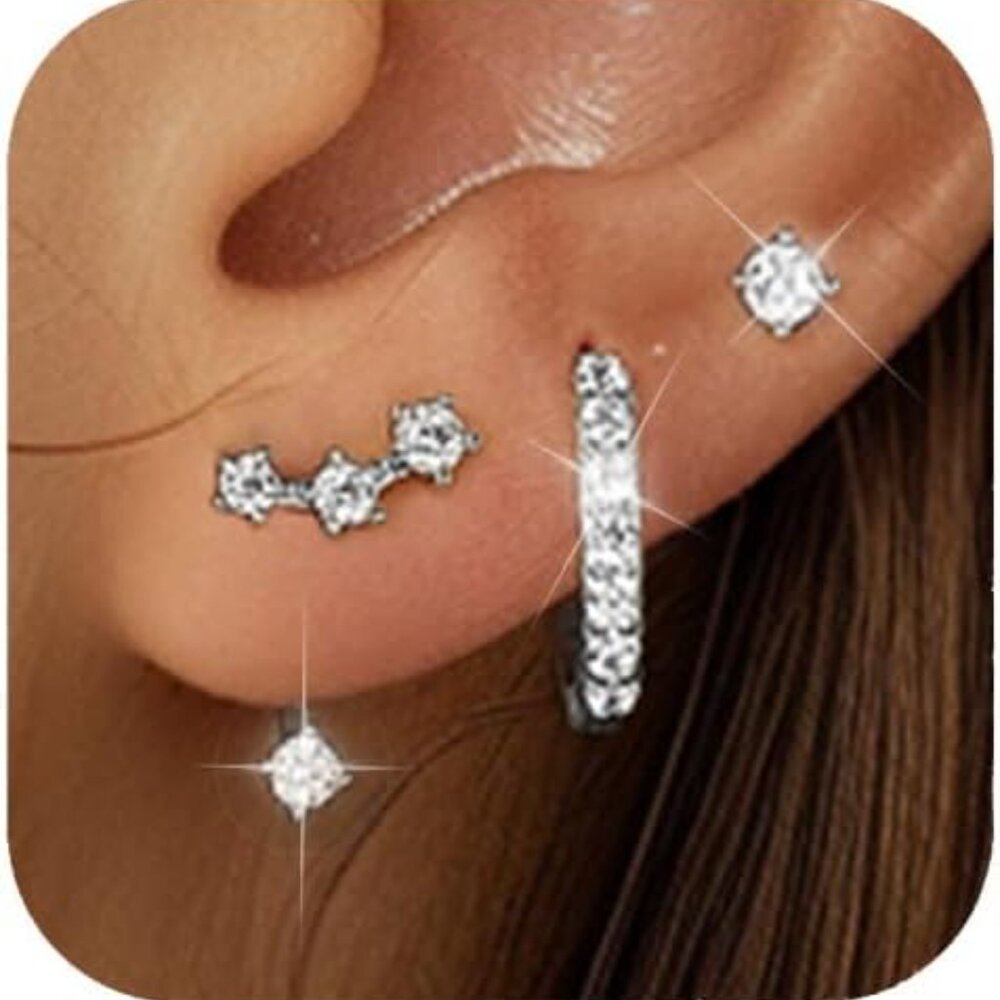 Sterling silver Earrings Set for Women, 14K gold plated Earrings Girls, 3 Pairs - Picture 1 of 7